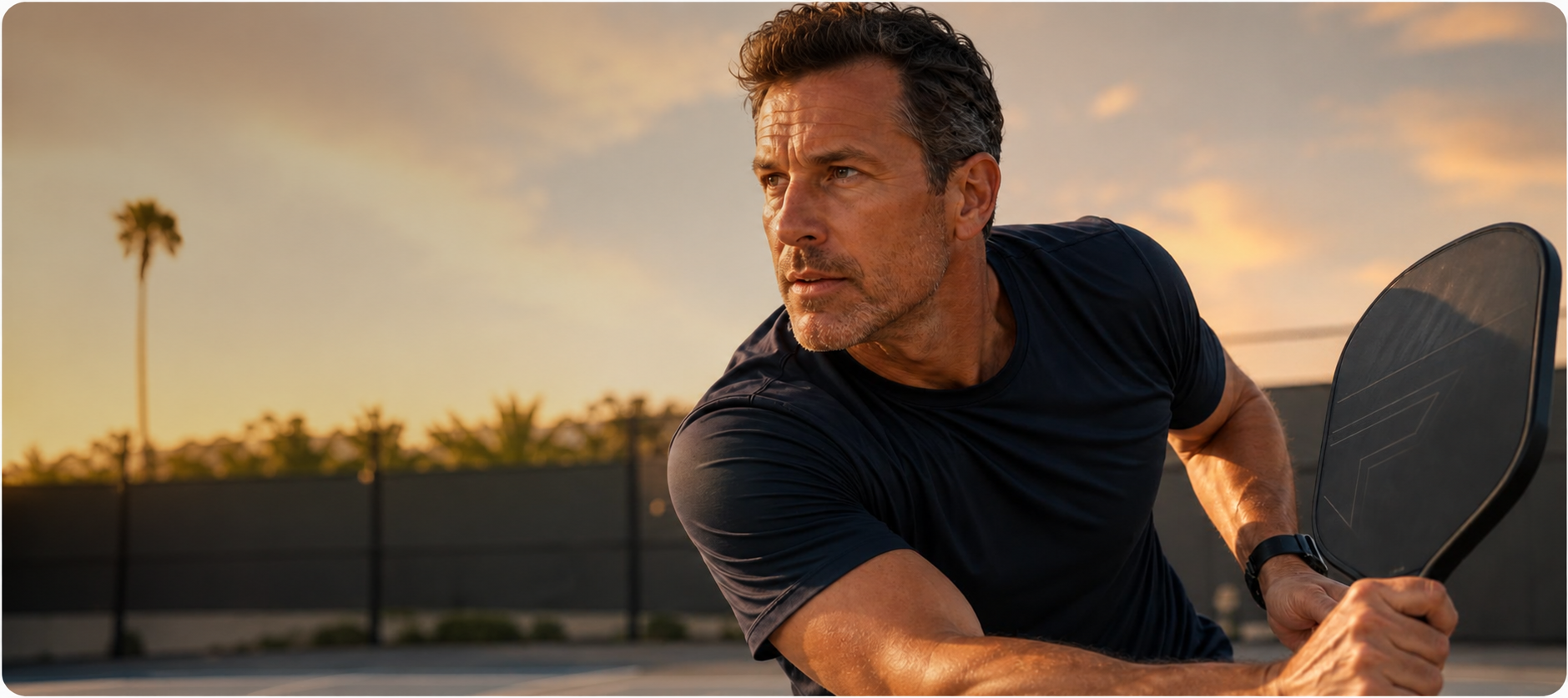 A man playing pickleball at sunset