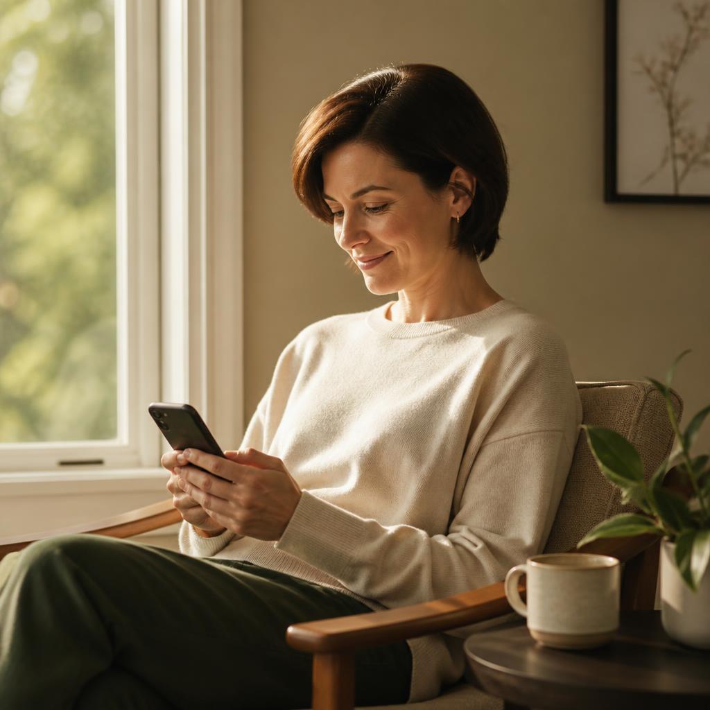 A member reading a reply from their care team by a sunlit window