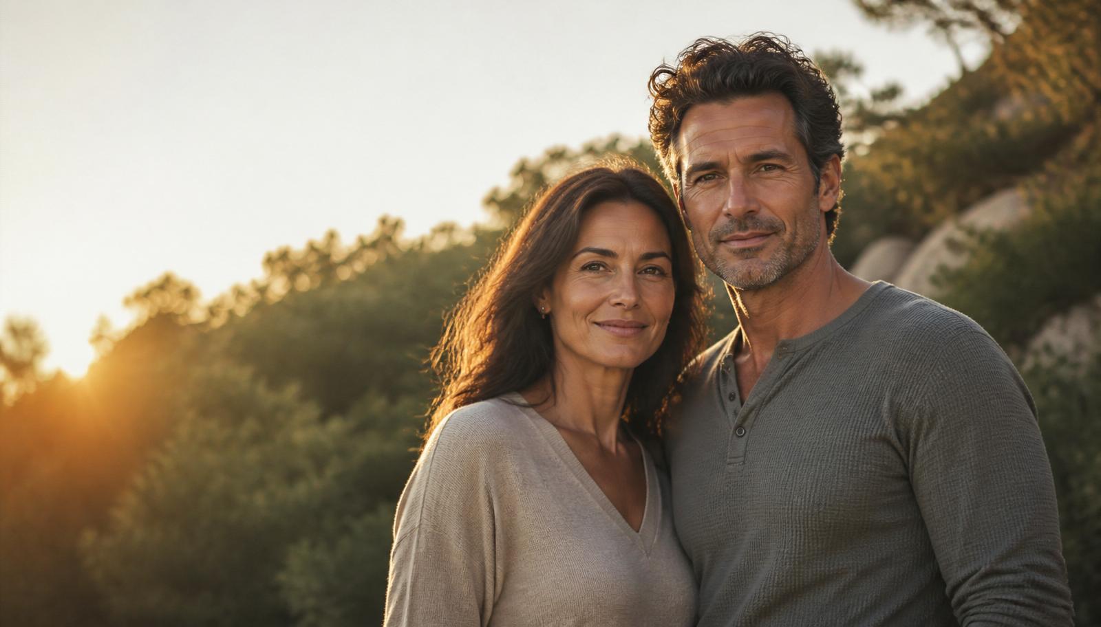 A man and woman in their forties standing outdoors at golden hour