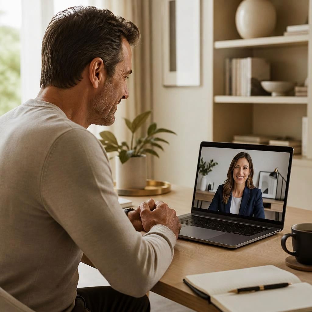 A Rejuvyx member talking with his healthcare provider over a video call on his laptop