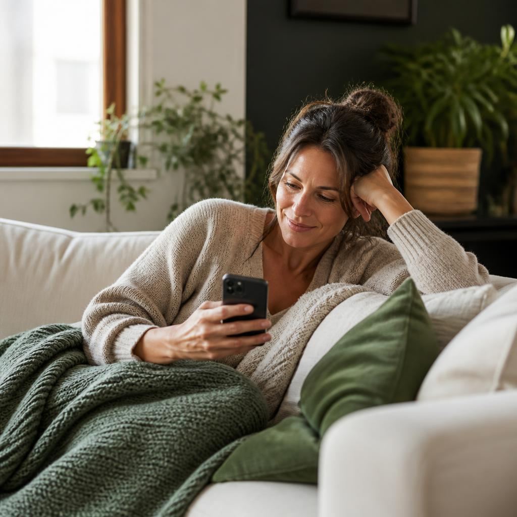 A woman lying on a couch reading a message on her phone