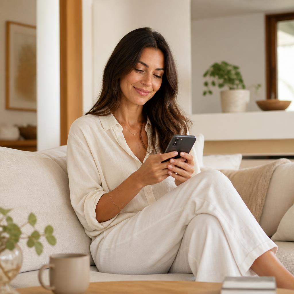 A woman pleasantly taking the Rejuvyx assessment on her phone